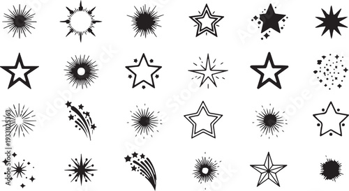 A reversible set of sleek black star and sparkle icons in various styles, including solid, outlined, and radiating designs, perfect for accents and highlights.