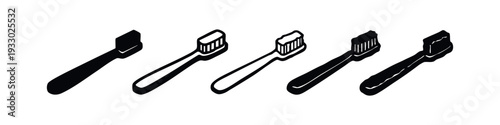 Hand-drawn Isometric Toothbrush Vector Icons. Black and white set of oral hygiene tools with an angled view.