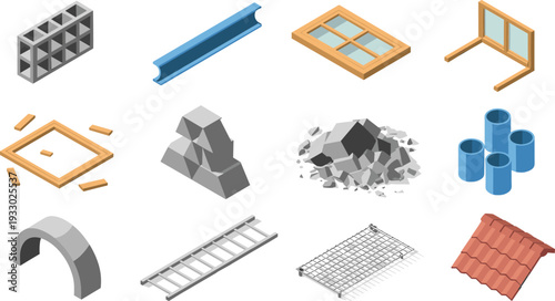 Isometric set of architectural construction elements including concrete blocks, steel beam, pipes, ladder and roof tiles illustration