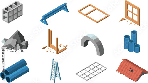 Isometric set of construction materials and architectural elements including pipes, windows, ladder and concrete structures illustration