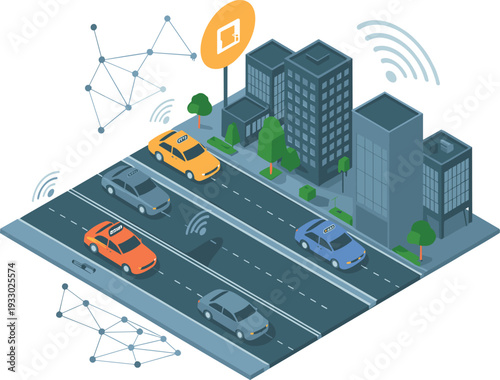 Isometric smart city road with connected autonomous cars, wireless network signals and intelligent transportation system illustration