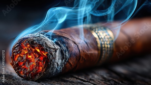 Close-up of a lit, premium cigar emitting smoke on a rustic wooden surface, showcasing rich detail and a warm, luxurious ambiance.
