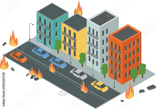 Isometric urban disaster scene with apartment buildings cars and street fires in emergency city situation illustration