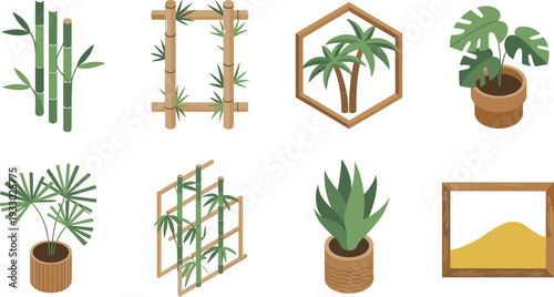 Isometric tropical plant collection with bamboo structures, palm trees, monstera and snake plant, modern botanical interior vector illustration set