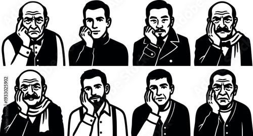 Woodcut style portrait set of eight men resting face on hand showing varied ages expressions close up black and white