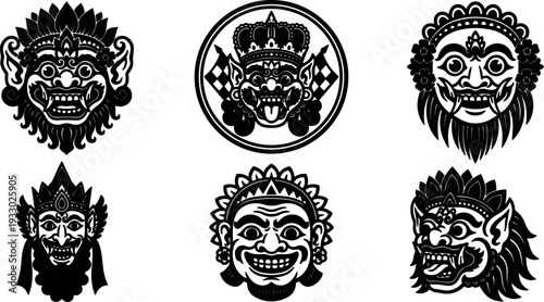 Tattoo flash balinese mask set six ornamental faces in bold black vector flat design close up frontal expressions decorative linework