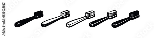 Dynamic Hand-drawn Isometric Toothbrush Icons. Black and white vector illustrations of dental care tools with varied styles.