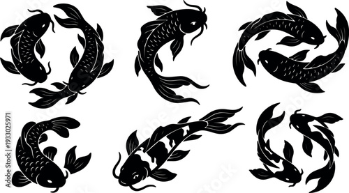 Tattoo flash koi fish vector art showing six black koi in circular and curved swimming poses symmetrical ornamental composition silhouette