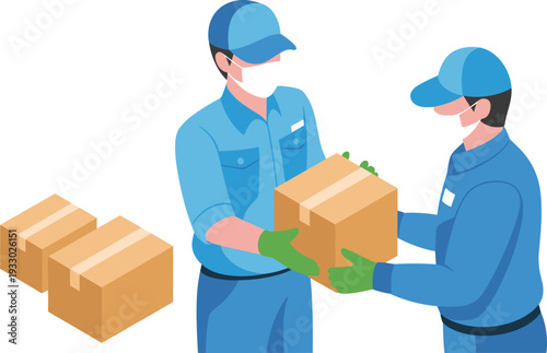 Masked delivery workers exchanging package box, flat isometric vector illustration of safe shipping and contactless logistics service
