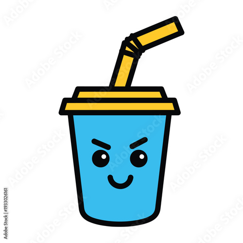 A cartoon beverage cup with a straw, featuring a face with angry eyebrows, large eyes, and a smiley mouth, evoking duality