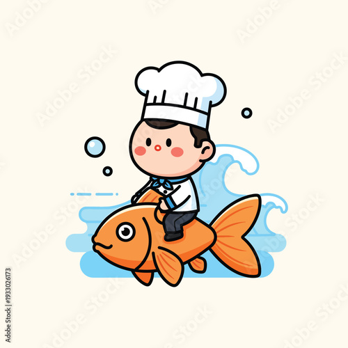 A cartoon chef rides a large goldfish through stylized water, with bubbles surrounding the scene, all on a beige background