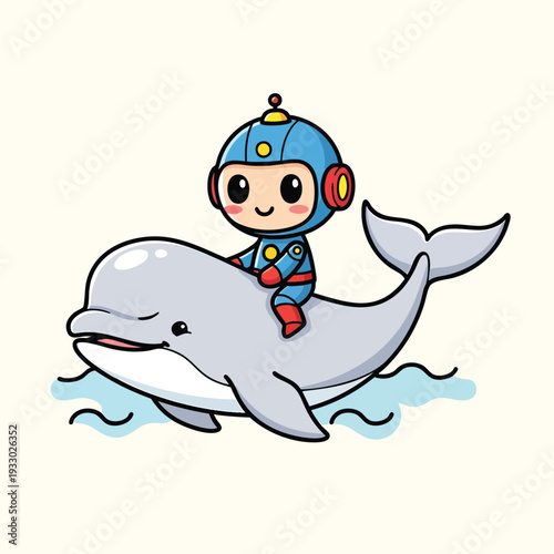 A cartoon astronaut character with rosy cheeks rides atop a cartoon dolphin, with simple waves below. The image has a beige background