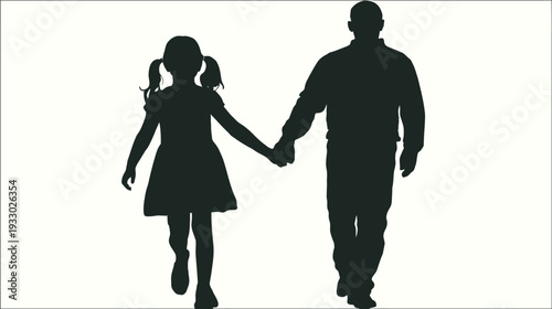 Father and daughter silhouettes holding hands walking together on white