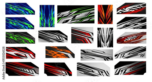 Dynamic automotive graphic design elements with vibrant color schemes and abstract patterns.