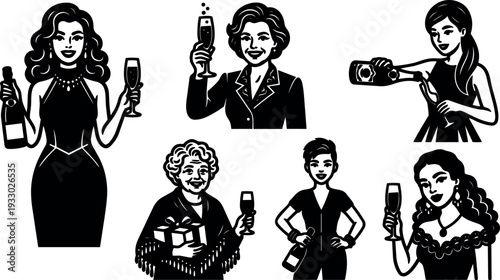 Vintage engraving style six women raising champagne glasses and bottles celebration poses varied ages close up portrait set black white