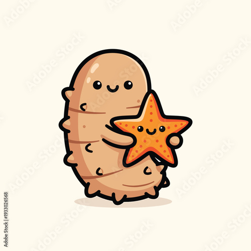 A cartoon character resembling a sea cucumber embraces a smiling starfish. Both characters feature smooth bodies and are outlined in black