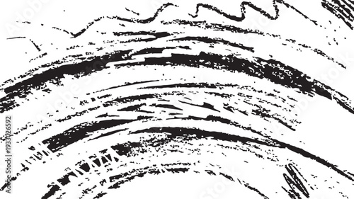 A composition of arched black ink scribbles and textured marks on a white background, featuring a mix of thick and thin hand-drawn lines.