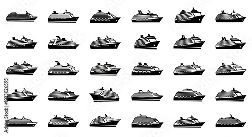 Collection of various cruise ships and vessels in black and white silhouette.