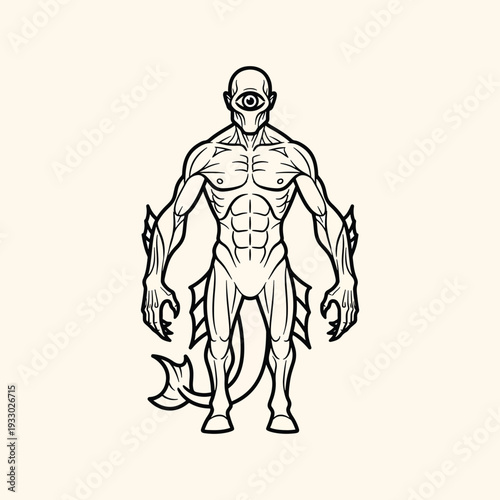 A black and white illustration of a cyclops-like creature with fish-like fins and a tail, depicting a muscular humanoid form