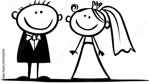 Cartoon wedding couple illustration in black and white smiling happy