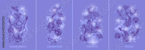 Hand drawn fire zodiac signs illustration set. Capricorn aquarius pisces sagittarius. Horoscope background with astrology symbols and talismans.