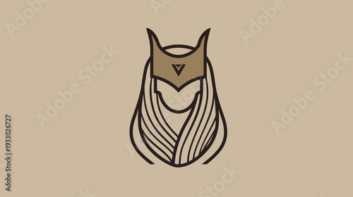 Abstract illustration of a person with ornamental headwear against a neutral backdrop