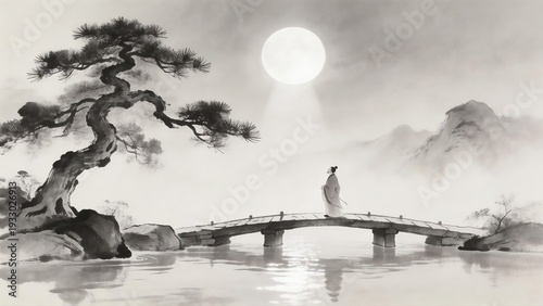 A solitary figure stands on a stone bridge under a full moon, surrounded by misty mountains and a gnarled pine tree in a traditional ink wash landscape.