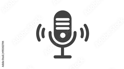 Black Microphone Icon with Sound Waves Emitting for Voice Recording, Audio Podcast, Digital Media, Communication, Broadcast