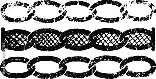 Grunge black chain links in three horizontal lines isolated on white background