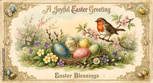 Vintage Easter Greeting Card with Bird and Decorated Eggs