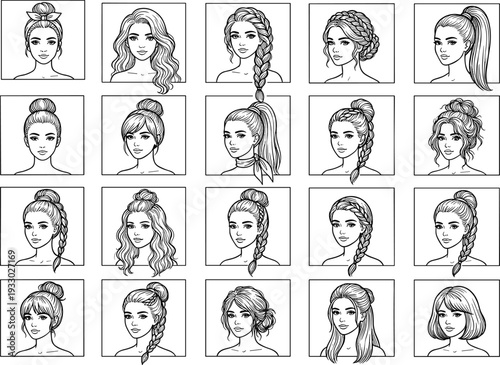 Women hairstyle portrait collection illustration featuring fashionable haircuts, braids, buns and ponytails in detailed vintage hand drawn line art styleWomen hairstyle portrait