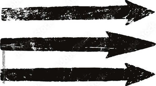 Grunge black arrows pointing right in horizontal row, textured design for decoration and direction