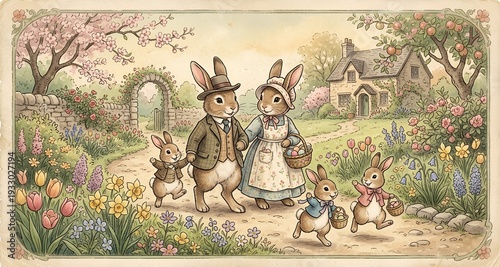 Vintage Easter Illustration with Rabbits in Spring Garden