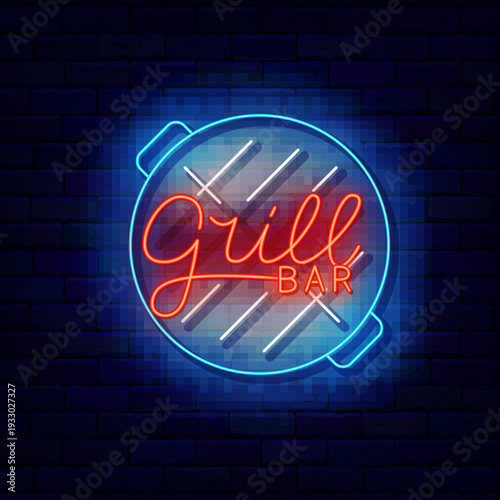 Grill bar neon label with cooking pan. Barbecue party invitation. Editable stroke. Vector stock illustration
