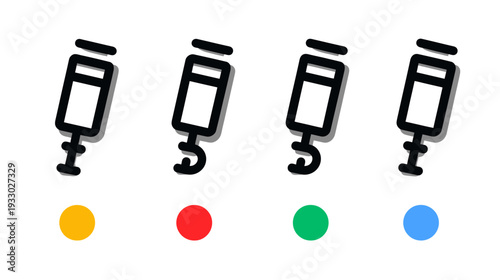 Set of minimalist outline syringe icons with distinct colorful dots, symbolizing medical injection or healthcare treatment concept