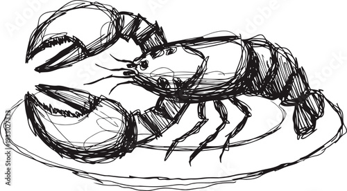 hand drawn lobster sketch on plate black ink drawing of seafood crustacean with large claws
