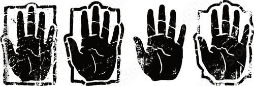 set of four black vintage handprints in different palms open gestures isolated on white background