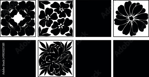 Flat design floral tile vector grid with black silhouette flowers close up square pattern ornamental repeat modern top view detail