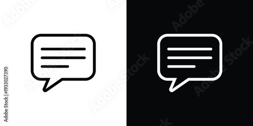 Simple outline speech bubble icon in black and white versions. Minimalist vector symbol for messaging, notifications, comments, and digital communication interface elements for apps.