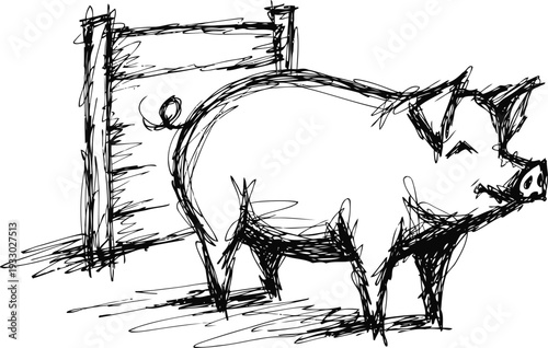 Hand drawn pig standing near wooden gate doodle sketch black ink illustration