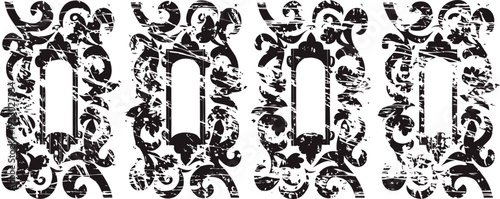 Set of four vintage ornamental frames with distressed black floral scrollwork designs