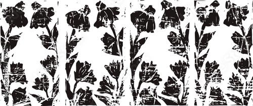 Abstract black floral pattern with stylized flowers and leaves in vertical repetitive panels design