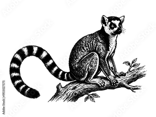 Lemur Sitting Tail Curved Engraving