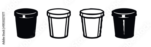 Travel mug or cylindrical drinking container icon set, isolated on white.