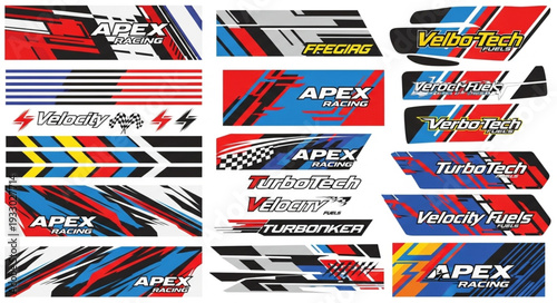 Collection of vibrant racing car decals with dynamic designs and bold graphics.