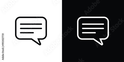 Simple outline speech bubble icon in black and white versions. Minimalist vector symbol for messaging, notifications, comments, and digital communication interface elements for apps.