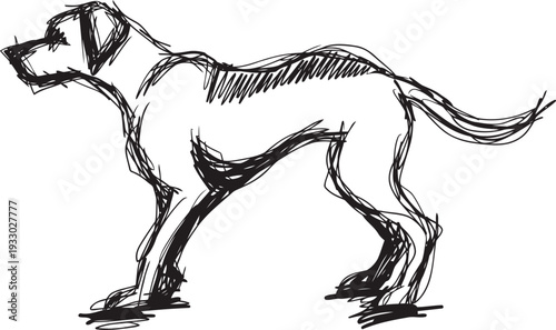 sketch of standing dog in side profile, simple black hand drawn line art illustration