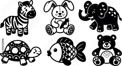 Line art playful baby animal icon set zebra rabbit elephant turtle fish and bear in grid view cute smiling silhouette