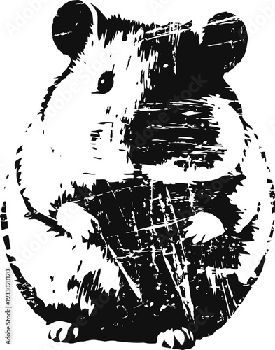 Grunge black and white hamster illustration holding food, cute rodent pet drawing with textured effect
