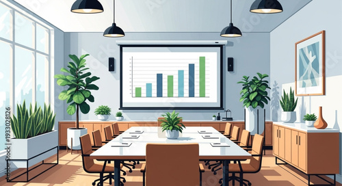 Modern conference room with a large table and a projection screen displaying a graph.